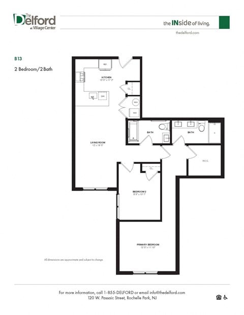 Floor plan for 2 beds, 2 baths, 1105 sqft
